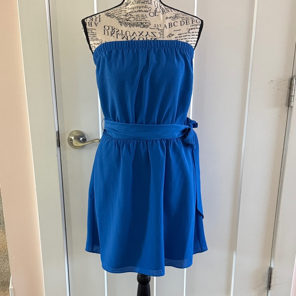Express Cobalt Blue Strapless Dress with Waist Tie
